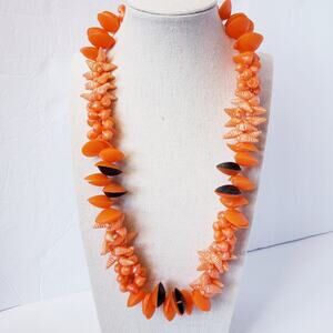 Vintage West Germany Orange Shell Plastic Beaded Strand Necklace Gold Tone 23"